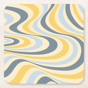 Yellow and blue abstract swirl design square paper coaster