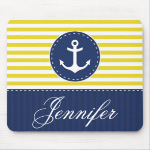 Yellow and Blue Anchor Design Customisable Name Mouse Pad