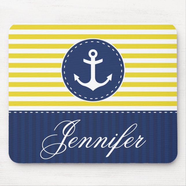 Yellow and Blue Anchor Design Customisable Name Mouse Pad (Front)