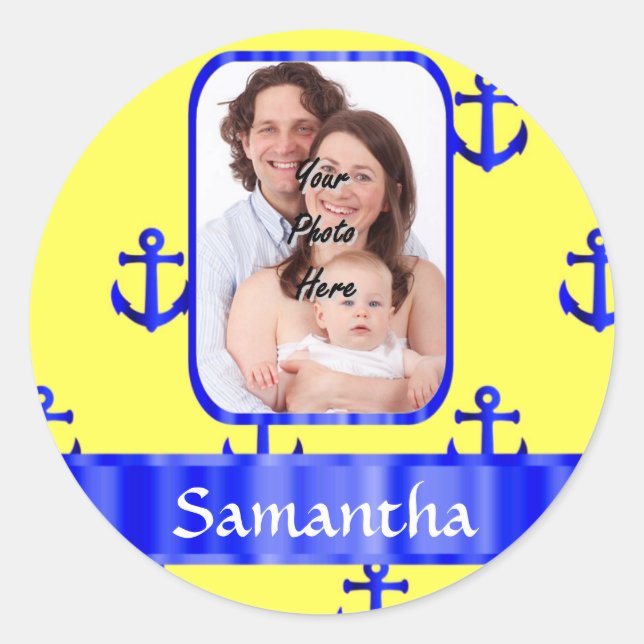 Yellow and blue anchor pattern classic round sticker (Front)
