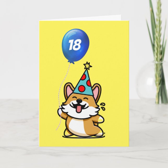 Yellow and Blue Balloon Corgi Birthday Card (Front)