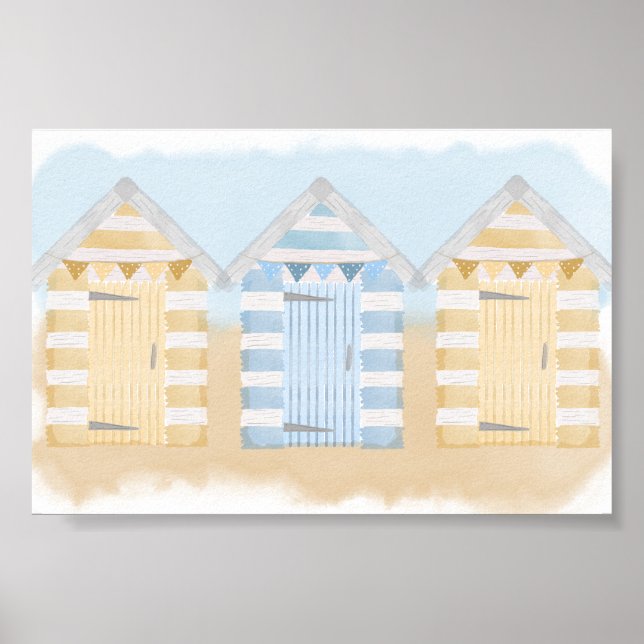 Yellow And Blue Beach Huts Ocean Watercolour Poster (Front)