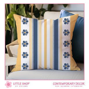 Yellow and Blue Bold Stripes Floral Cushion