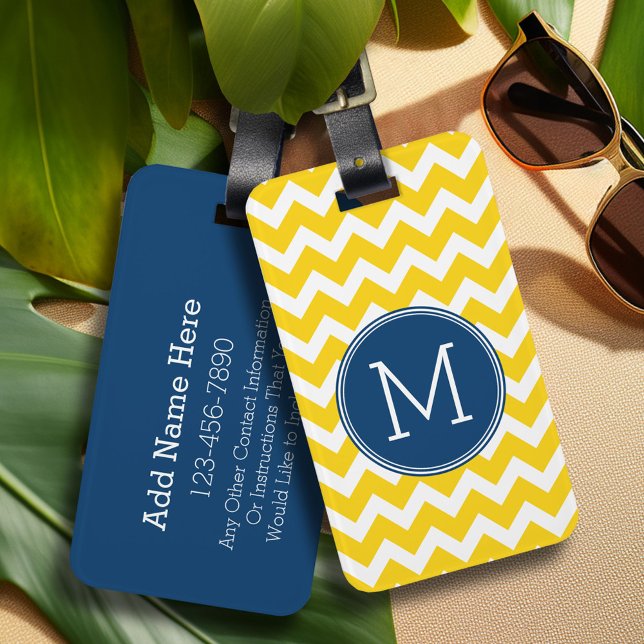 Yellow and Blue Chevron Pattern with Monogram Luggage Tag (Personalized luggage tag - Add Your contact information and monogram)