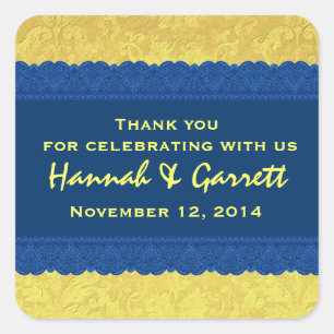 Yellow and Blue Damask Thank You Wedding R326 Square Sticker