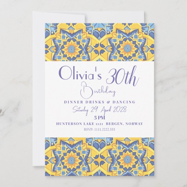 Yellow And Blue Detailed Tile Birthday Invitation (Front)