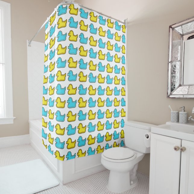 Yellow and Blue Duck Pattern Shower Curtain (In Situ)