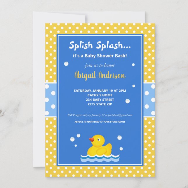 Yellow and Blue Duck Polka Dots Baby Shower Invitation (Front)