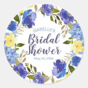 Yellow and Blue Floral Bridal Shower Personalised Classic Round Sticker