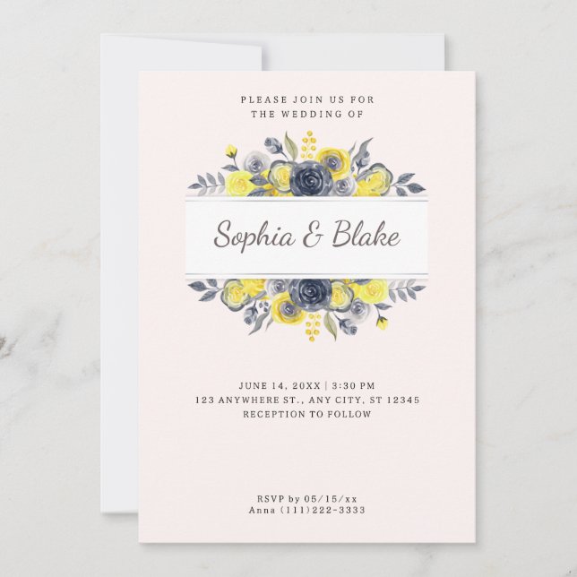 Yellow and Blue Floral Frame Pale Pink Wedding Invitation (Front)