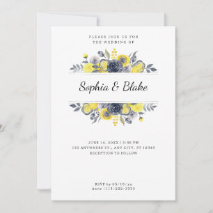 Yellow and Blue Floral Frame White Wedding Invitation