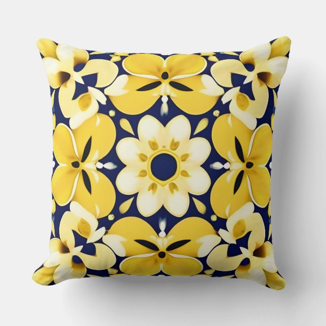 Yellow and Blue Floral Pattern Cushion (Front)