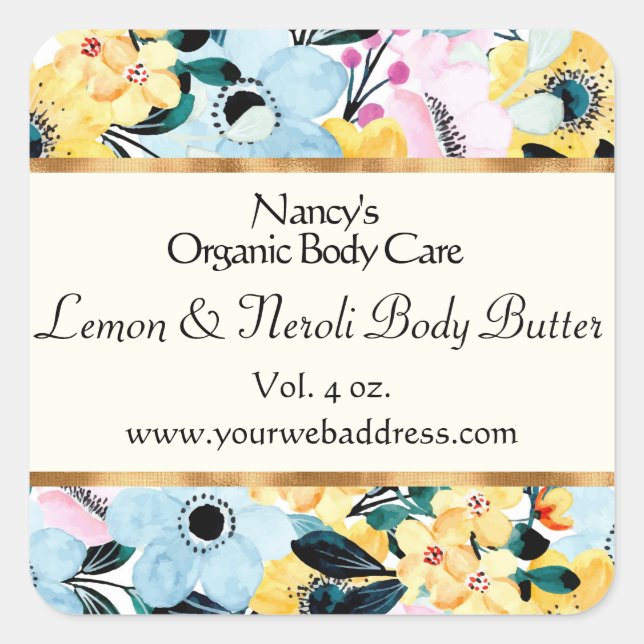 Yellow and Blue Floral soap and cosmetics label (Front)