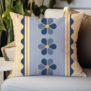 Yellow and Blue Floral Stripe Cushion