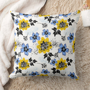 Yellow and Blue Floral Throw Pillow, Accent Cushion