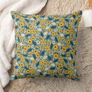 Yellow and Blue Floral Throw Pillow, Accent Cushion