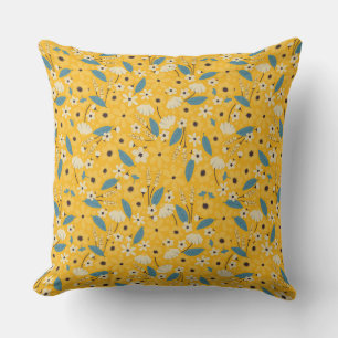 Yellow and Blue Floral throw pillow, Floral Accent Cushion
