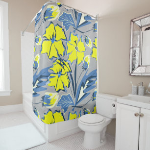 Yellow and blue flowers with sparkles. shower curtain