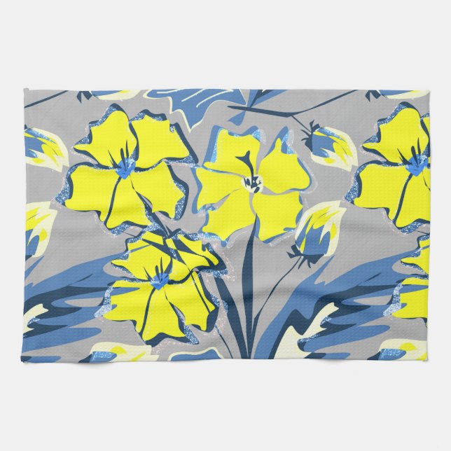 Yellow and blue flowers with sparkles. tea towel (Horizontal)