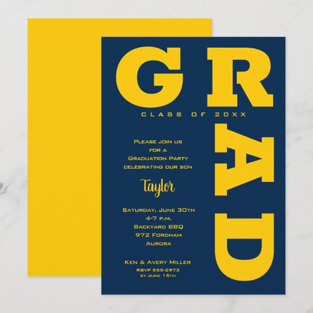 Yellow and Blue Graduation Party Invitation (Front/Back)
