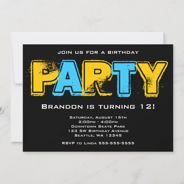 Yellow and Blue Grunge Birthday Party Invitation (Front)