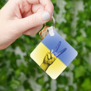 Yellow And Blue Hand Peace Sign   Key Ring