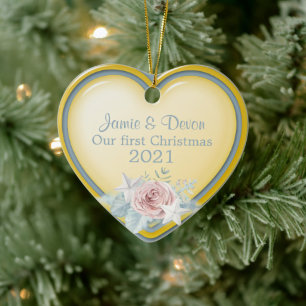 Yellow and Blue Heart Newly Weds First Christmas Ceramic Ornament