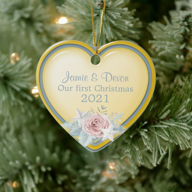 Yellow and Blue Heart Newly Weds First Christmas Ceramic Ornament (Tree)