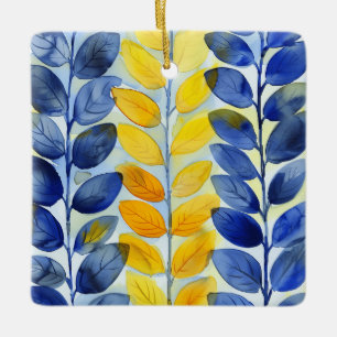 Yellow and Blue Leaves Ceramic Ornament