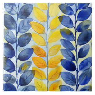 Yellow and Blue Leaves Ceramic Tile
