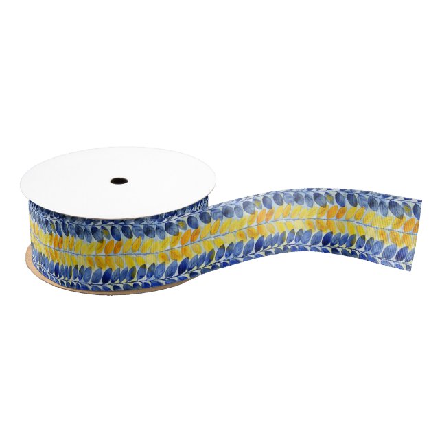Yellow and Blue Leaves Grosgrain Ribbon (Spool)