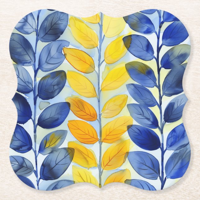 Yellow and Blue Leaves Paper Coaster (Front)