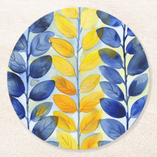 Yellow and Blue Leaves Round Paper Coaster