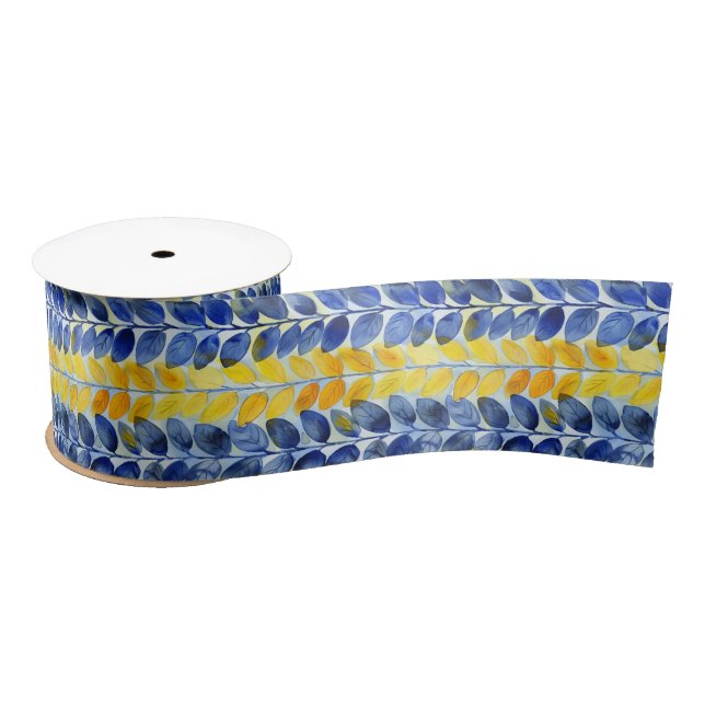 Yellow and Blue Leaves Satin Ribbon (Spool)