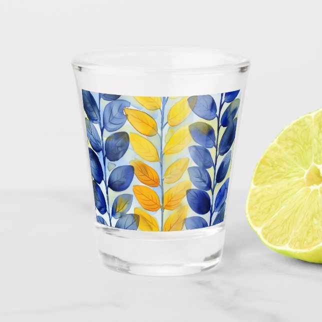 Yellow and Blue Leaves Shot Glass (Front)