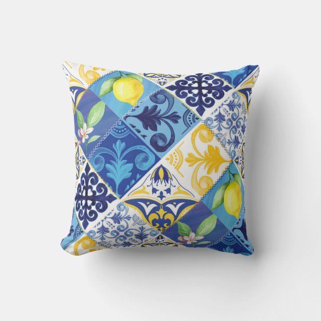Yellow and Blue Lemon floral Pillow. Sicilian Cushion (Front)