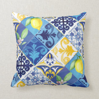 Yellow and Blue Lemon floral Pillow. Sicilian Cushion