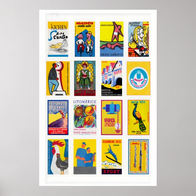 Yellow and Blue Matchbox Label Collage, colourful Poster (Front)