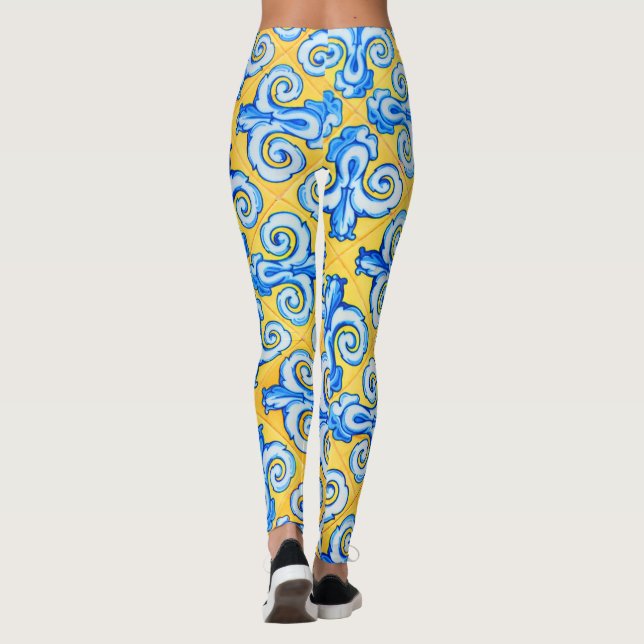 Yellow and Blue Mediterranean Patterned Tiles Leggings (Back)