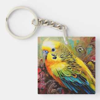 Yellow and Blue Parakeet with Paisley and Flowers Key Ring
