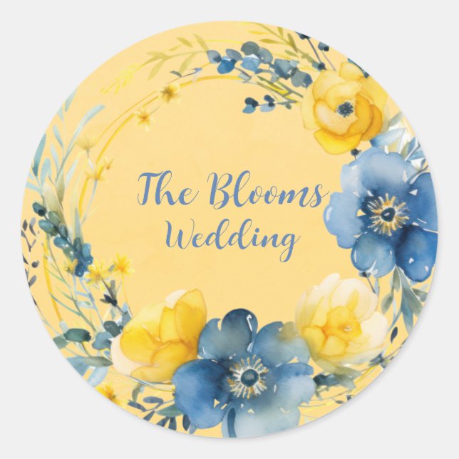 Yellow and Blue Peony Wreath Floral Wedding Classic Round Sticker (Front)