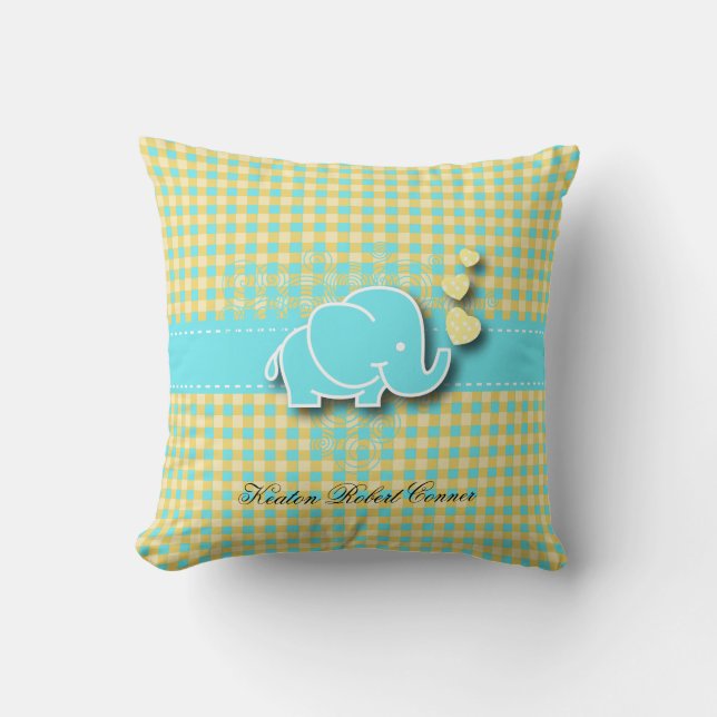 Yellow and Blue Plaid Baby Elephant Cushion (Front)