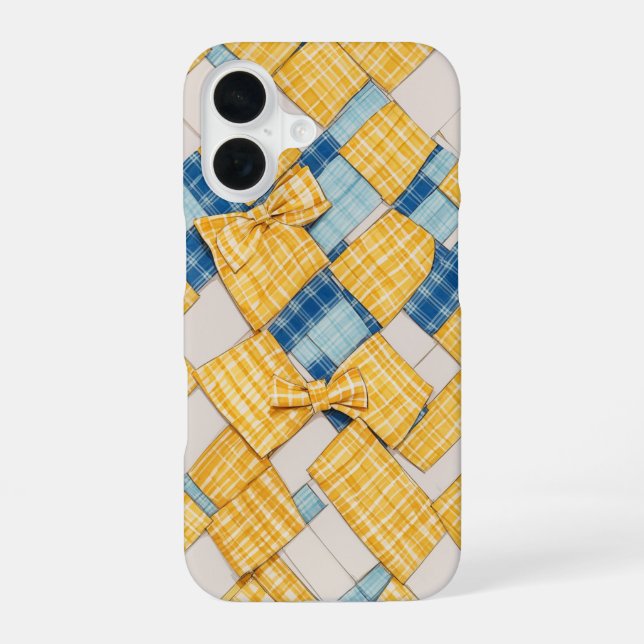 Yellow and Blue Plaid Basketweave Pattern iPhone 16 Case (Back)