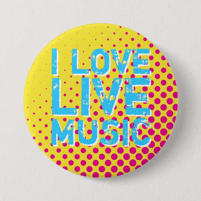 Yellow and Blue Retro Halftone I Love Music Button (Front)