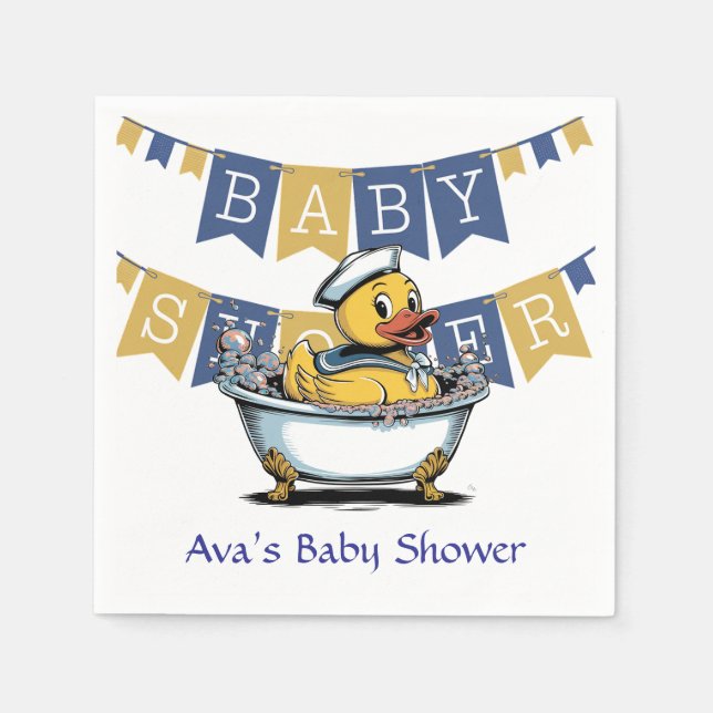 Yellow and Blue Rubber Duck Boy Baby Shower Napkin (Front)