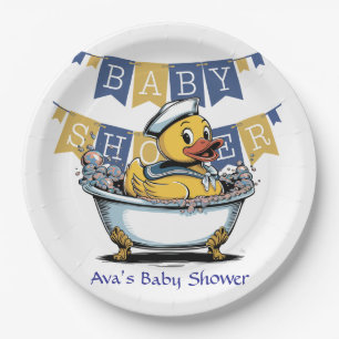 Yellow and Blue Rubber Duck Boy Baby Shower Paper Plate