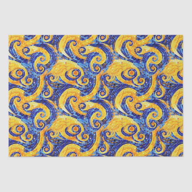 Yellow and Blue Starry Night Mosaic Glass Pattern Tissue Paper (Front)