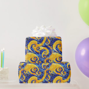 Yellow and Blue Starry Night Mosaic Glass Pattern Wrapping Paper