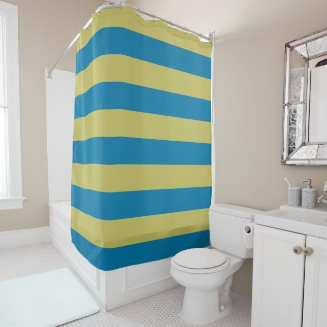 yellow and Blue Stripes Shower Curtain (In Situ)
