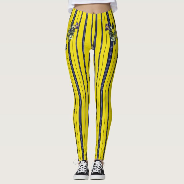 Yellow and Blue Stripes (with flower) Leggings (Front)